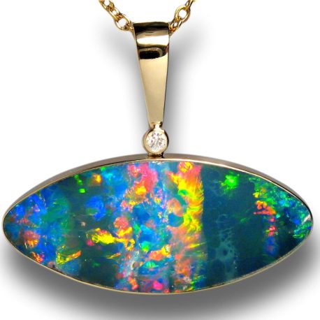 Gem Opal Pendant inlaid with a stunning Coober Pedy opal on a Queensland opal boulder backing (inlaid doublet) in a solid 14 karat gold setting