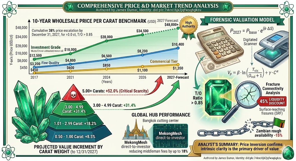 The pricing data spanning 2017 to 2026 illustrates a profound divergence between commercial-tier beryl and the high-clarity, investment-grade emerald. While the entry-level market has seen steady, inflationary-driven growth, the investment-grade segment—characterized by stones originating from legendary locales like Muzo and Chivor—has witnessed a parabolic appreciation trajectory. This is fundamentally linked to the exhaustion of high-quality rough material.