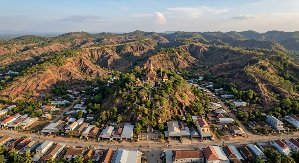 The internal topography of the mining district itself is defined by a series of distinct volcanic plateaus, denuded ridges, and low hills that have been deeply carved by millions of years of tropical weathering. The most famous and culturally significant of these topographic highs is Phnom Yat, a solitary, sacred volcanic hill rising approximately 60 meters above the surrounding landscape, positioned directly at the heart of Pailin town.