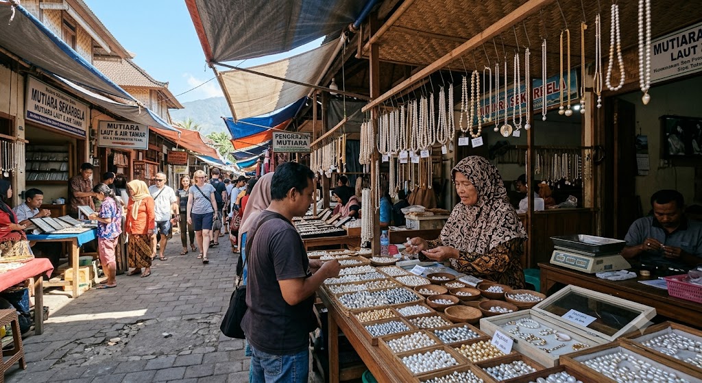 Today, the Sekarbela market operates on a highly concentrated micro-geographic scale along the grid of Jalan Sultan Kaharuddin. The main street fronts are dominated by opulent, multi-story showrooms that display high-value finished jewelry to wealthy domestic buyers and international distributors. Directly behind these elite storefronts lies a dense network of residential alleys where the actual production occurs. In these hidden quarters, front porches serve as artisanal workshops filled with the whirring of high-speed drills for pearl piercing and the hiss of butane torches fabrication settings. This tight proximity between raw material sorting, generational craftsmanship, and multi-tiered retail showrooms creates a self-contained mercantile ecosystem that exerts absolute control over the regional gemstone market.